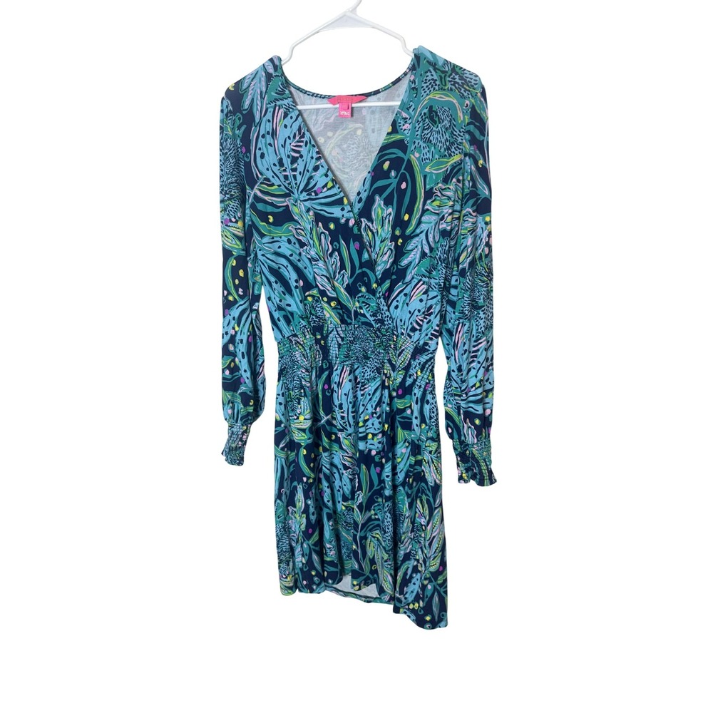 Lilly Pulitzer Dress Womens M Multi Floral Wrap Long Sleeve Jersey Tropical